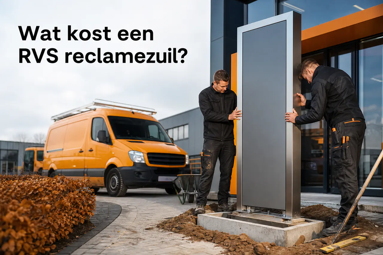 Detail van een RVS reclamezuil met bedrijfslogo