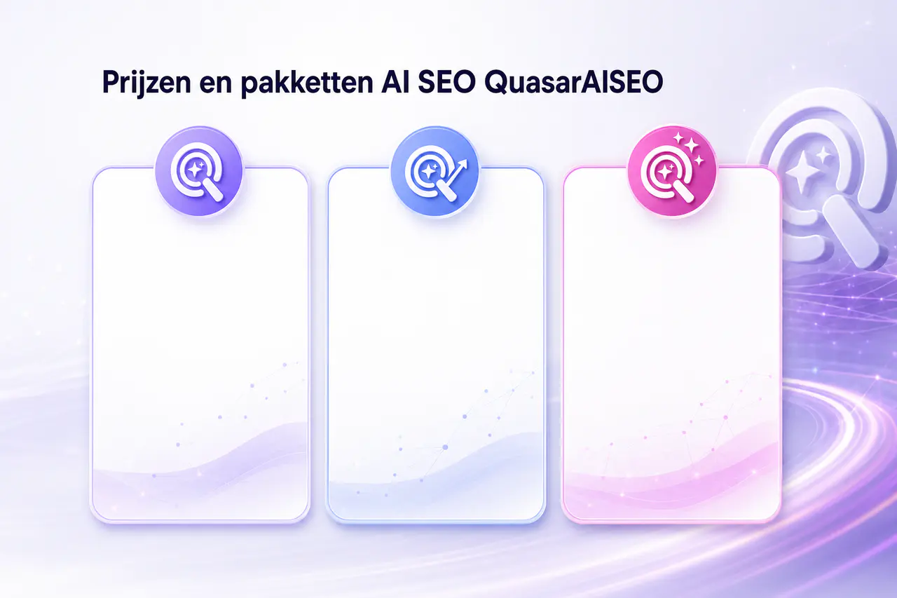 Drie AI SEO-pakketten als zakelijke kaarten met ruimte voor pakket- en prijsinformatie