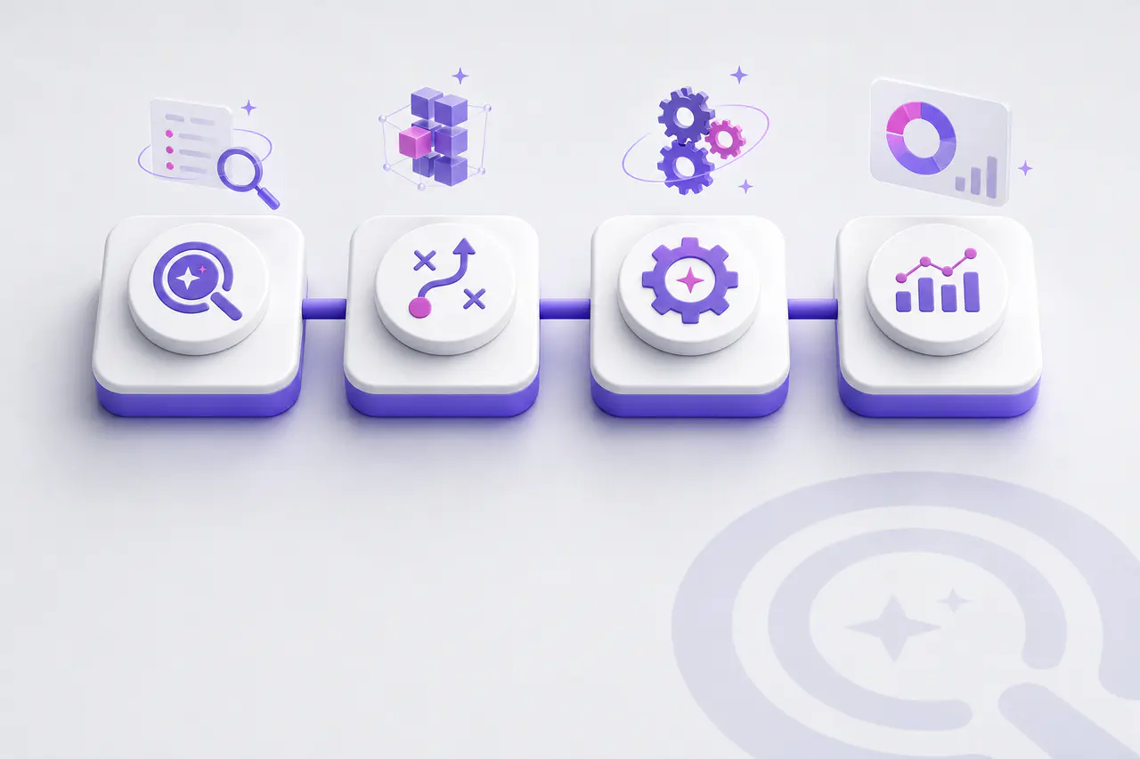 Vier bouwstenen van een AI SEO traject: scan strategie uitvoering en rapportage