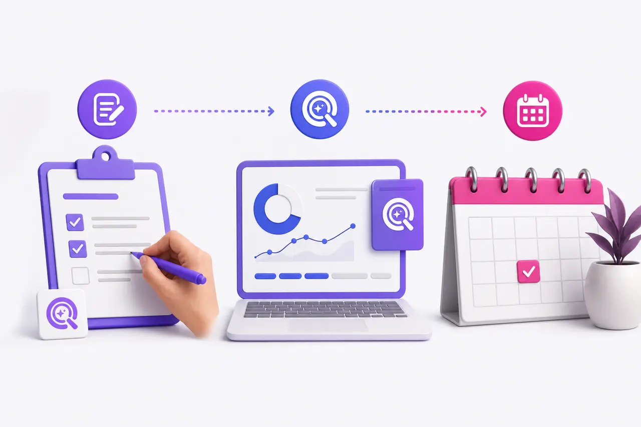Drie stappen voor een gratis AI SEO-scan: formulier invullen scan ontvangen en gesprek inplannen