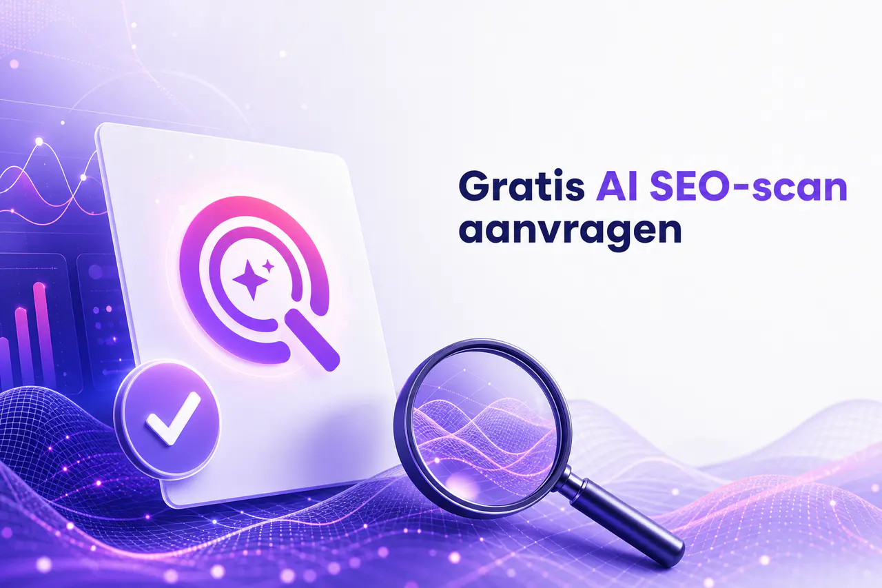 Professionele illustratie van een gratis AI SEO-scan met aanvraagkaart vinkje en scan-icoon