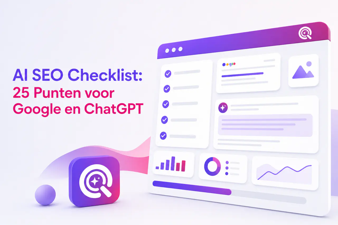 AI SEO checklist met zoekresultaten AI-antwoorden en voortgangsindicator